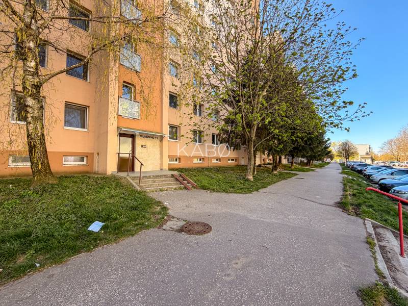 Apartment building on Murániho Street in the city of Nitra, next to the sidewalk and trees.