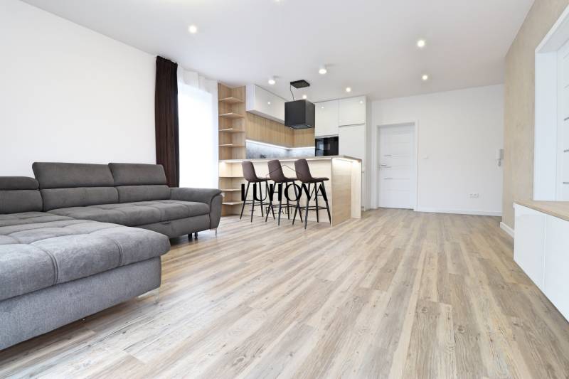 Living room in a 3-room apartment with a sofa, bar, and wooden decor flooring.