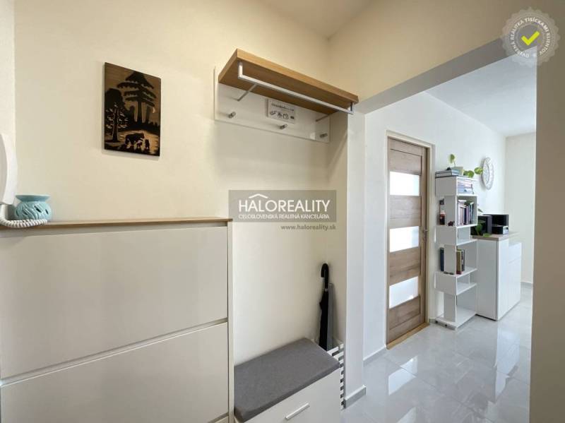Interior of a 1-room apartment with a coat rack, shoe cabinet, and shelves by the door.