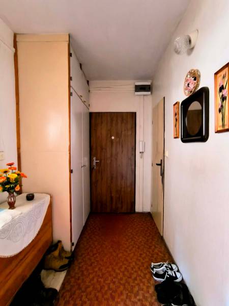 The hallway of a 3-room apartment with decorative pictures and floral decorations.
