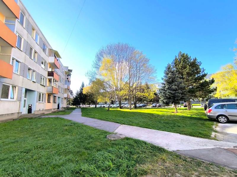 An apartment building on Veľká Okružná in Partizánske, in front of which trees grow and cars are parked.