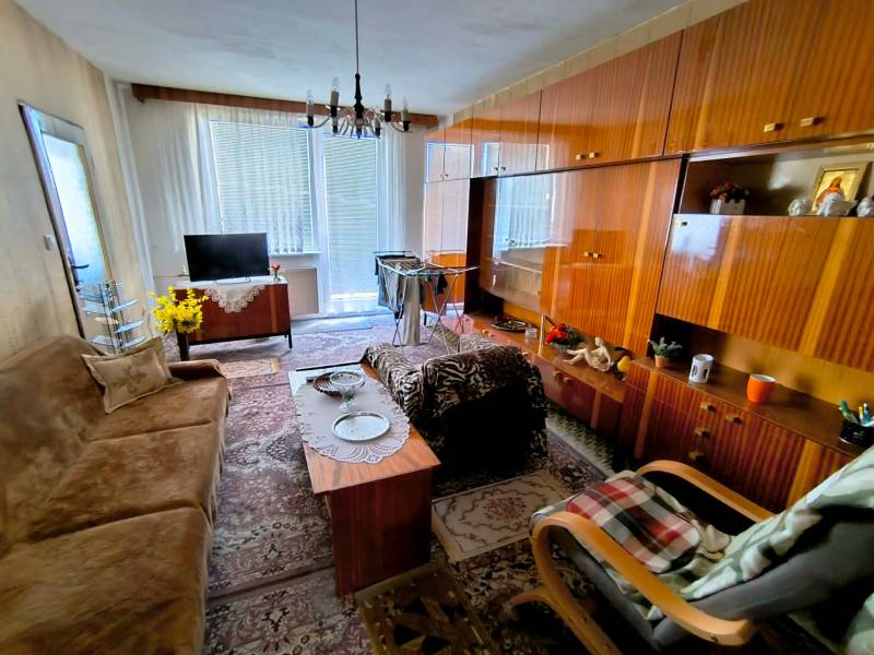 A living room in a 3-room apartment with retro furniture and a carpet, wooden decor flooring.