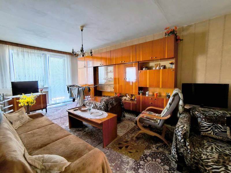 A living room in a three-room apartment with rustic furniture and a striking carpet.