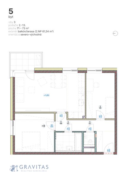 Floor plan of a 3-room apartment with a northeast orientation and a large terrace.