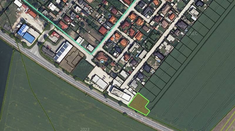 Aerial view of commercial land in Kráľová nad Váhom, close to residential areas.