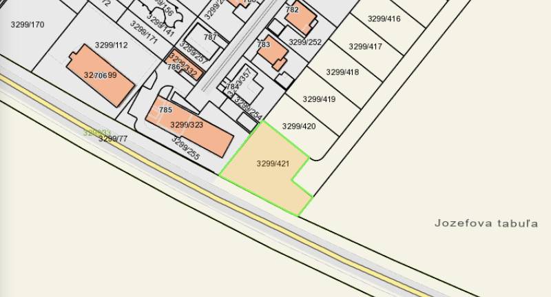 Cadastral map of commercial land - Kráľová nad Váhom, highlighted plot number 3299/421.
