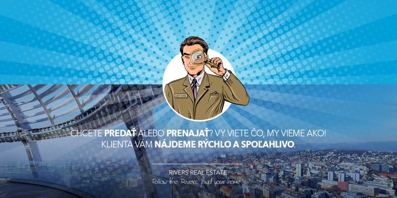 Agent with a magnifying glass on a blue background, Pribinova Street, offer of a 2-room apartment.