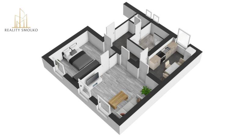 Living room and kitchen in a two-room apartment with a wooden decor floor.