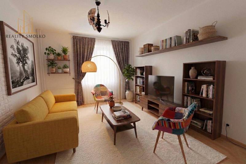 A stylish living room in a 2-room apartment with a comfortable sofa and wooden shelves.