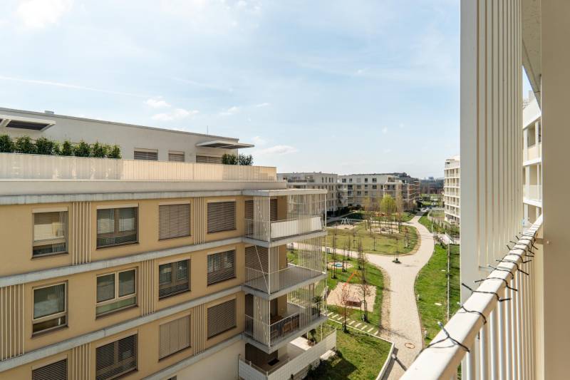 Balconies and greenery between apartment buildings in Bratislava - Ružinov.