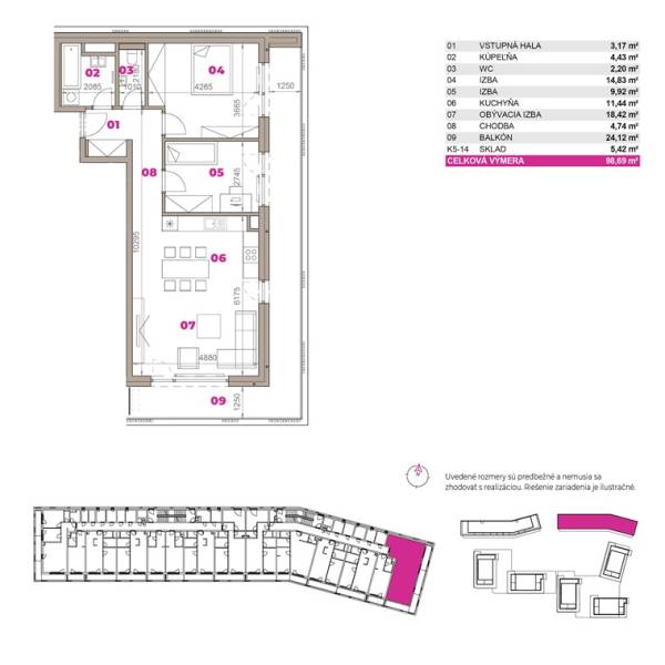 The floor plan of a 3-room apartment in Bratislava - Ružinov includes rooms, a kitchen, and a balcony.