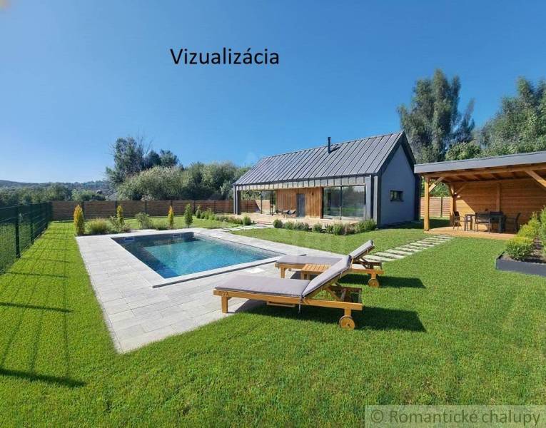 Visualization of a house with a pool and a gazebo on a plot in Hosťová, suitable for living.