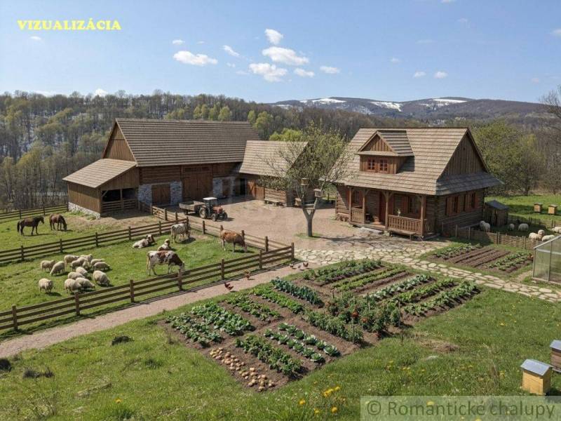 A rural estate with farm animals and a garden in a beautiful landscape near Krupina.