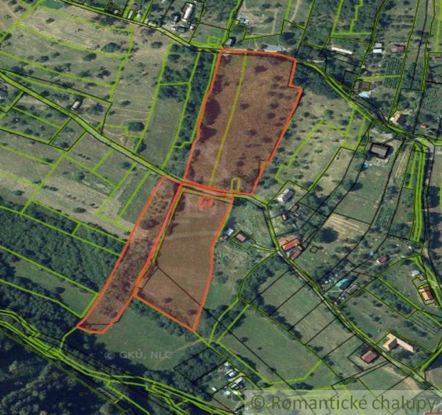 Aerial view of plots - housing in the town of Krupina with parcel markings.