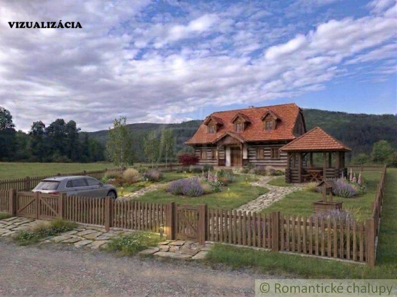 A rustic cottage with a gazebo and a car on the property for living in Horný Tisovník.