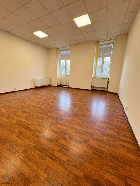 Offices with wood-patterned flooring, bright interior with large windows.