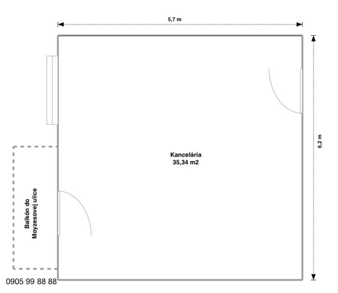 Floor plan of an office 35.34 m² with a balcony facing Moyzesova Street, Old Town district, Košice.