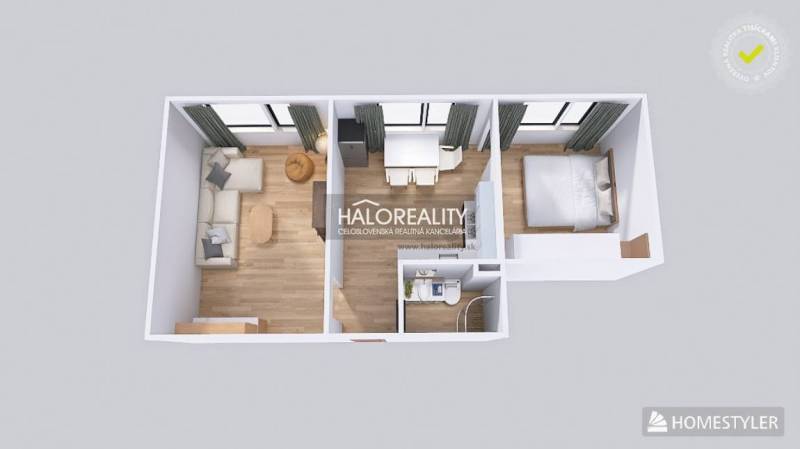 Floor plan of a 2-room apartment with wood-patterned flooring, work and living space.