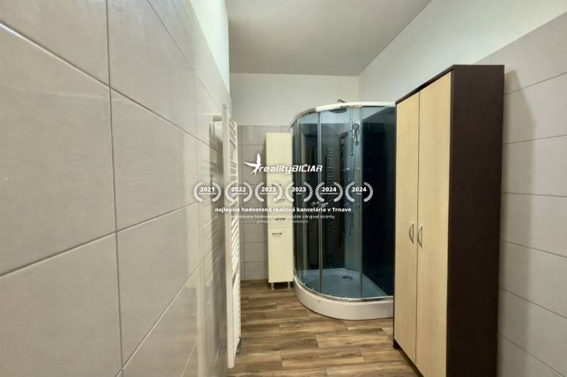 The bathroom of a 2-room apartment with a typical shower cabin and a floor with a wooden decor.