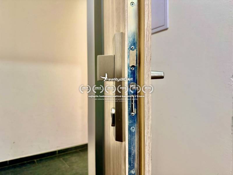 A close-up of an open door with hardware in a 2-room apartment.