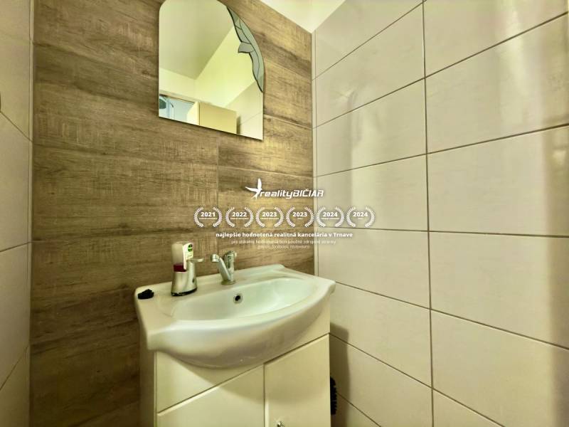 Bathroom in a 2-room apartment with a sink and mirror, wall with wooden decor.