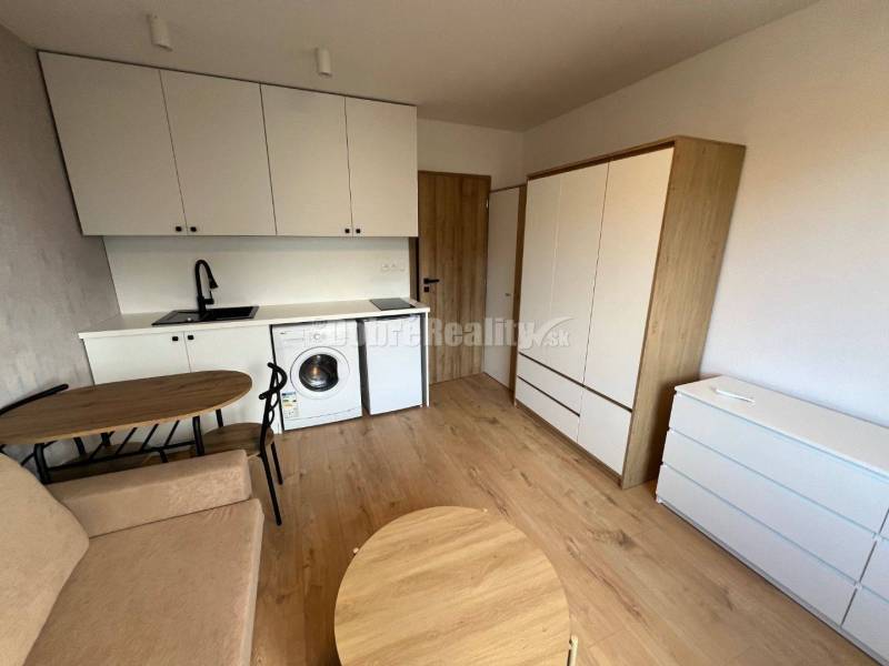 Studio apartment with a kitchenette, wardrobe, and washing machine; floor with wood decor, bright interior.
