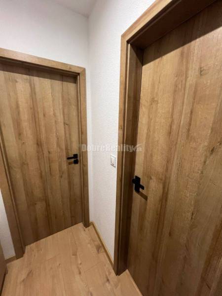 Wooden door and floor with wood decor in a studio apartment.
