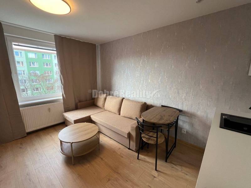 Studio apartment with a sofa, window, and table, wooden floor decor, cozy interior.