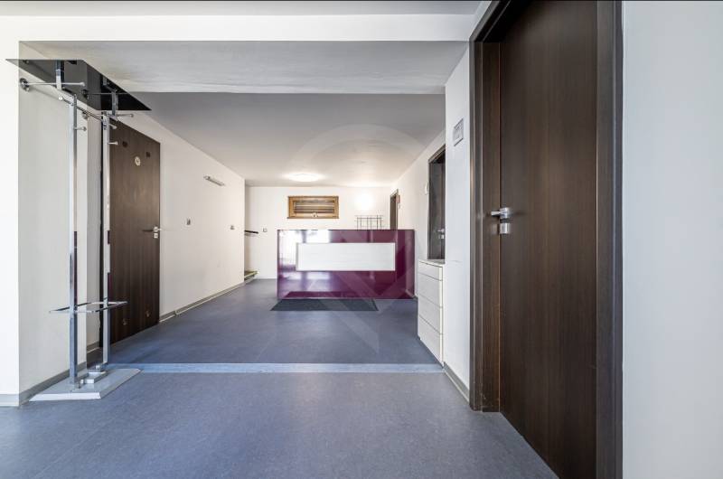 Reception with dark doors and simple furniture in a family house.