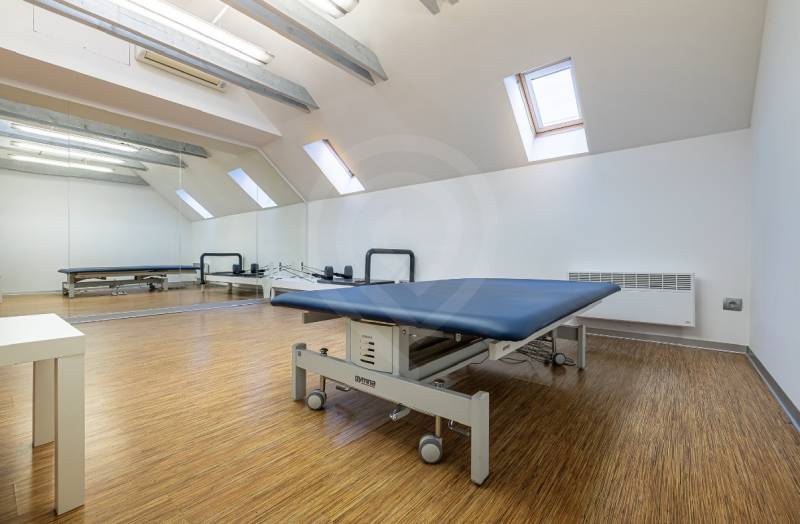 Physiotherapy room in a family house with a wooden decor floor and mirrors.
