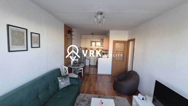 Living room in a two-room apartment with a sofa, wooden decor flooring, and a kitchenette.