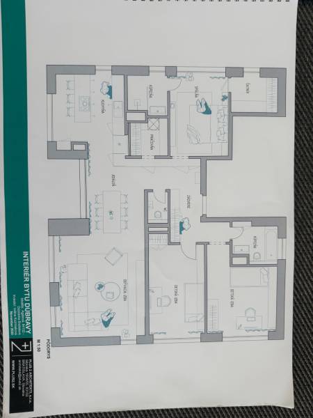 Floor plan of a 4-room apartment with a kitchen, living room, and bedrooms.