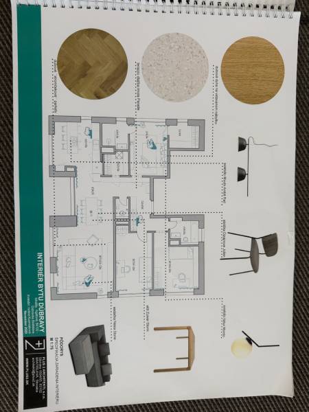 Floor plan of a 4-room apartment with flooring and furniture design.