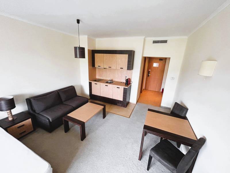 Living space in a studio apartment with a kitchenette and furniture.