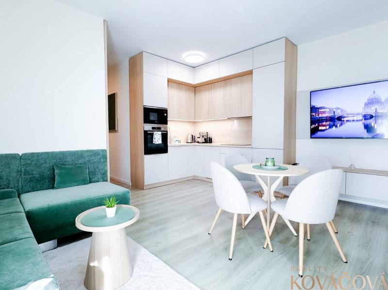 Living area of a 3-room apartment with a wooden decor floor and a green sofa.