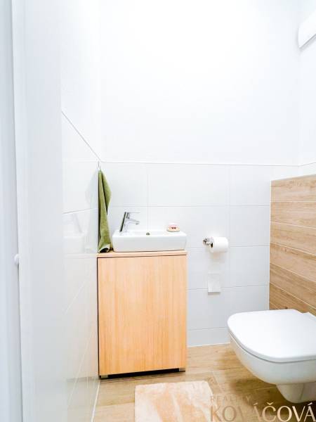 Bathroom in a 3-room apartment with a wooden decor floor and a simple sink.