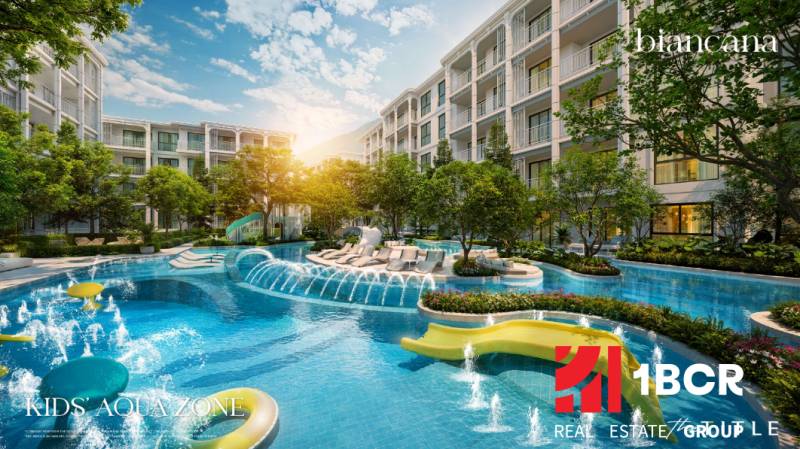 Apartment construction in Phuket with a swimming pool and green areas offers luxurious living.