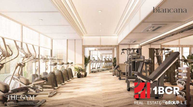 Indoor gym with wood-patterned flooring and fitness equipment in an apartment development.