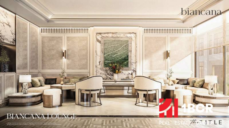 Luxury interior with marble details and comfortable seating. Apartment construction.