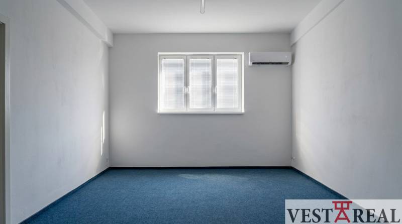 Offices with blue carpet, white walls, and air conditioning.