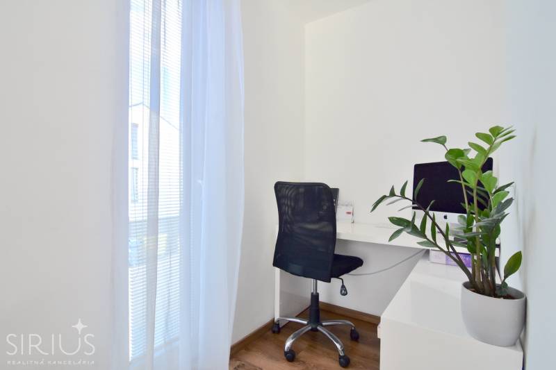 A workspace with a computer, a black chair, and a plant on a floor with a wooden decor.