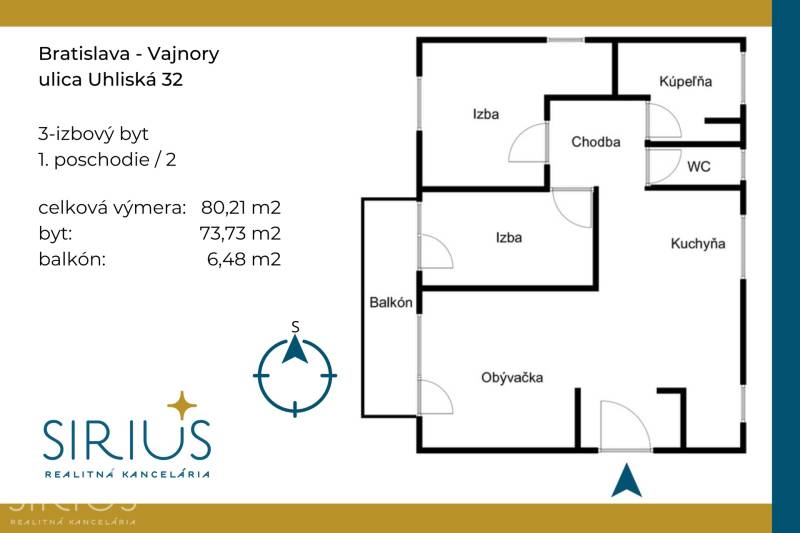 Floor plan of a 3-room apartment on Uhliská Street, Bratislava - Vajnory, with a balcony.