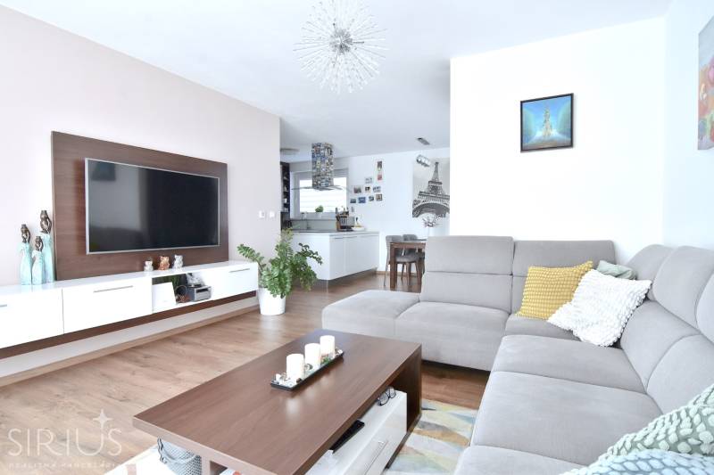 Living room in a 3-room apartment with a wooden decor floor and a gray sofa.
