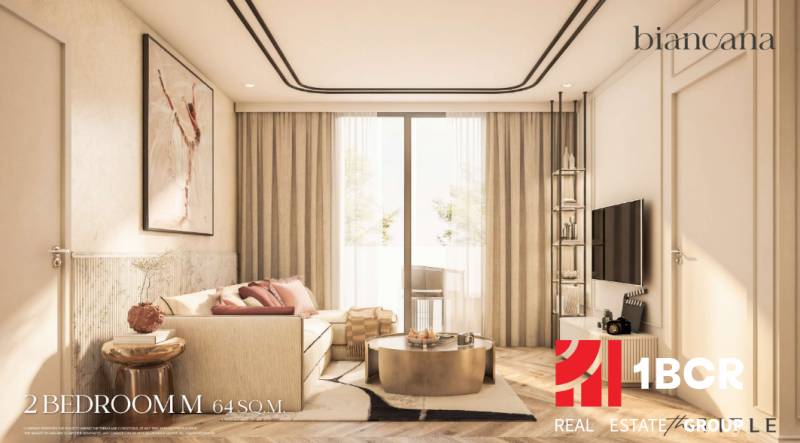 A bright living room with wood-patterned flooring and comfortable seating in a 3-room apartment.