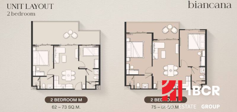 Two floor plans of two-bedroom apartments with two bedrooms and a living room.
