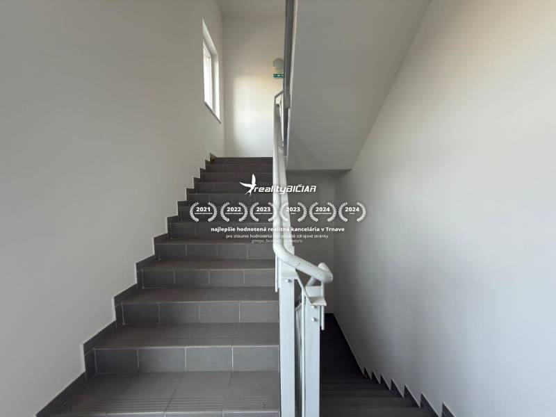 Hallway with staircase in Special Properties, gray stairs, white walls, railing.
