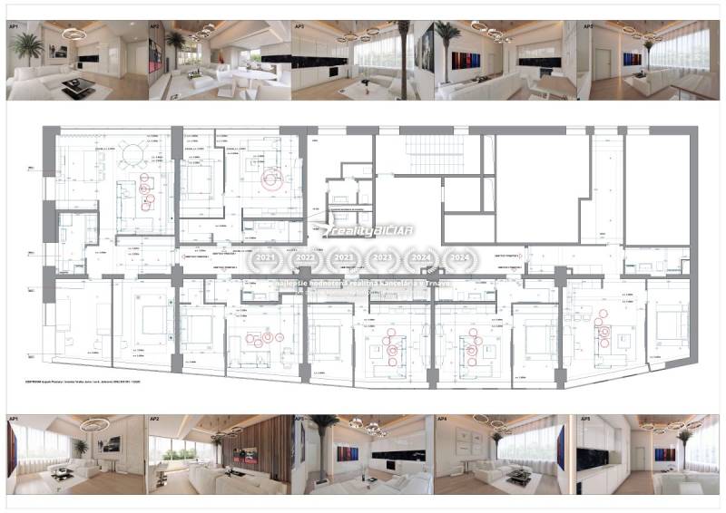 Interior with white seating, wood-decorated flooring, floor plan. Unique properties.
