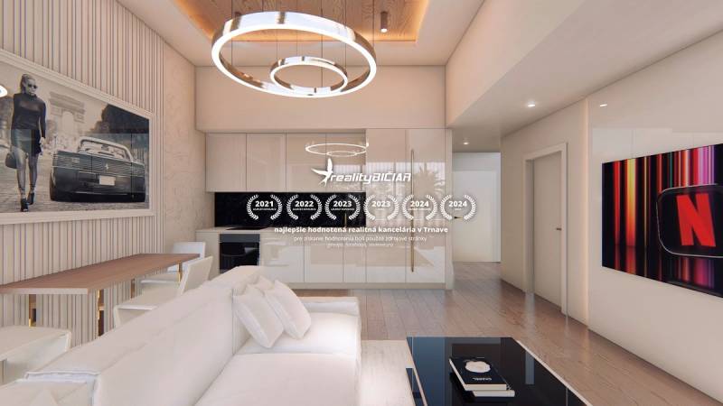 Interior with stylish lighting, wooden decor flooring, and artistic paintings.