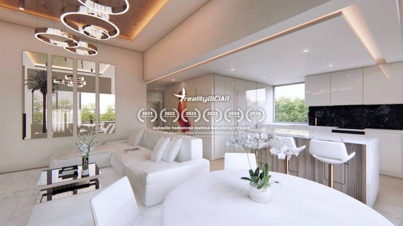 Interior of Special Properties with a light sofa, modern lighting, and floral decoration.