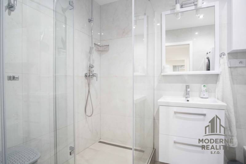 Bathroom with a shower and a sink in a 2-room apartment.